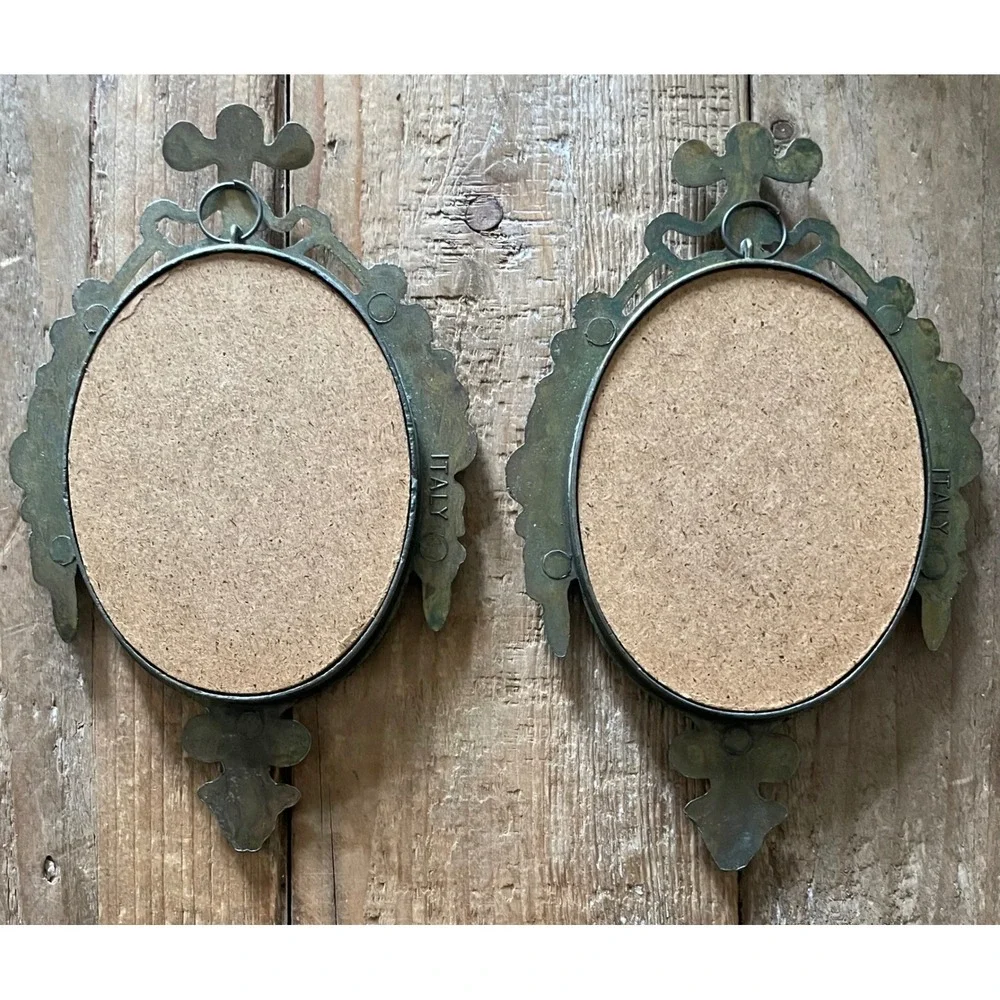 Pair Vintage Italian Brass Ornate Oval Mirror & Floral Print Wall Decor